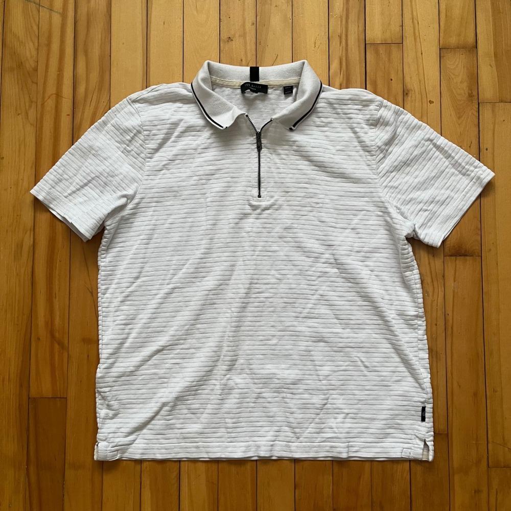Ted Baker London Mens White Textured Ribbed Quarter Zip Polo Shirt Size 5 / XL